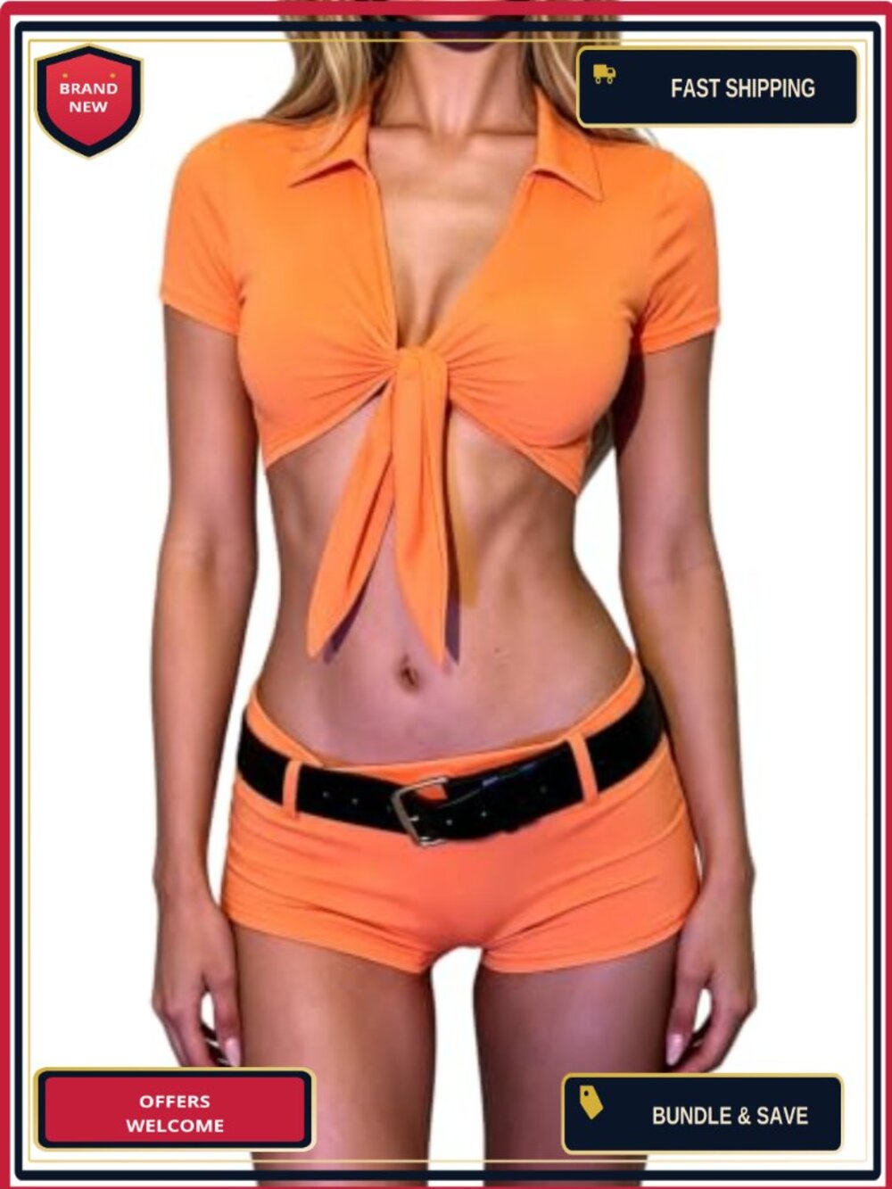 Halloween Inmate Costume Set Tie Front Crop Top & Micro Shorts with Belt